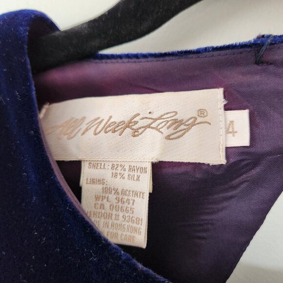 Vintage Velvet Velour Long Sleeve Mini Dress Size 4 Keyhole Gold Button Back - Picture 5 of 6